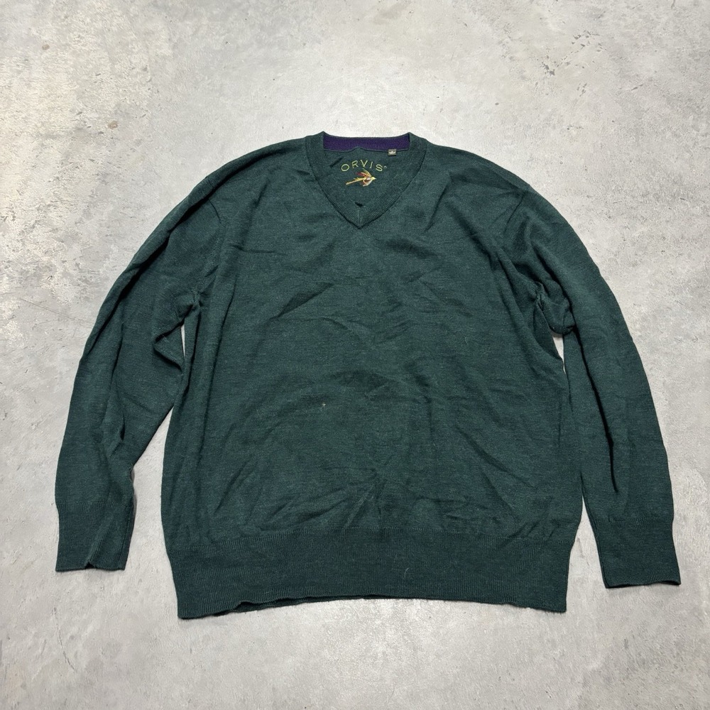 Orvis Mens Pullover Sweater Green V Neck Long Sleeve Stretch Cuff Merino Wool XL